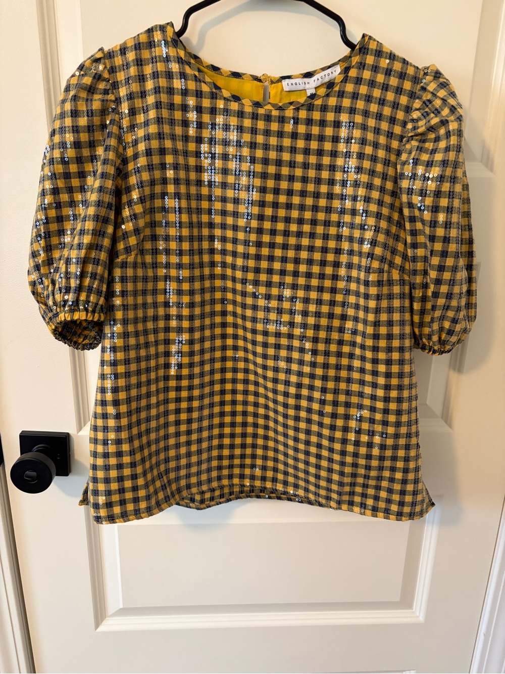 English Factory Yellow and Navy Gingham Puff Sleeve Top with Sequins